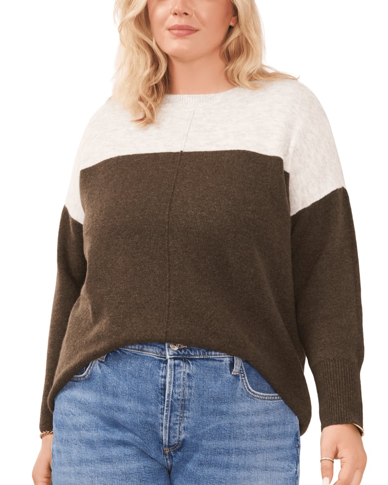 Front of a model wearing a size 1X Aria Colorblock Cozy Sweater in DARK OLIVE by Vince Camuto. | dia_product_style_image_id:261468